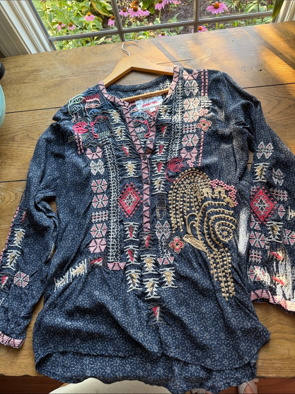 Johnny Was Navy Blue Embroidered V-Neck Tunic with Pink & Gold Accents